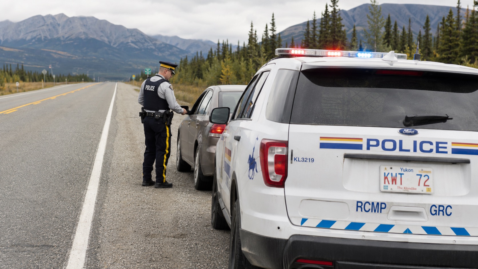 Police stop along a mountain highway